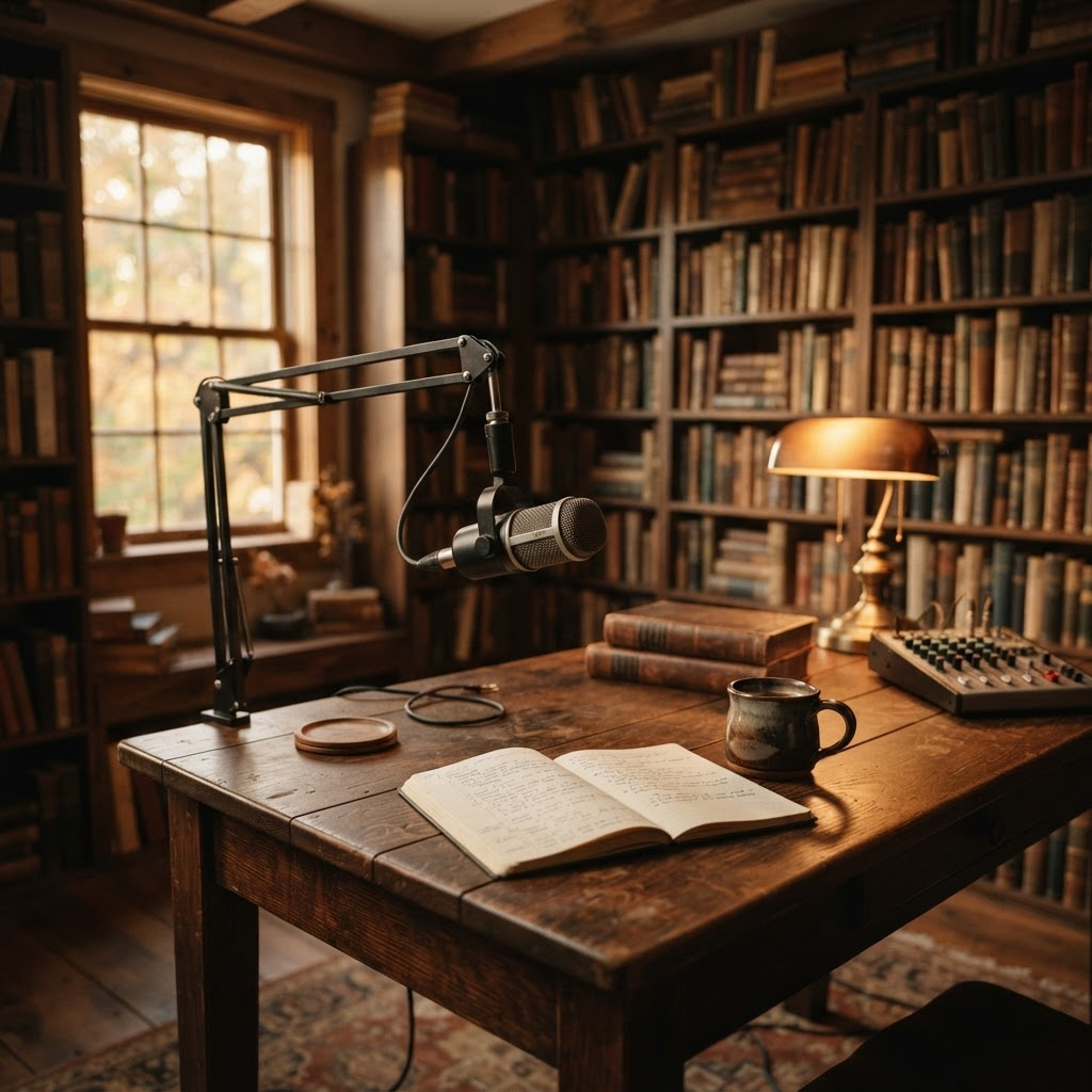 A warm literary radio studio surrounded by shelves of books